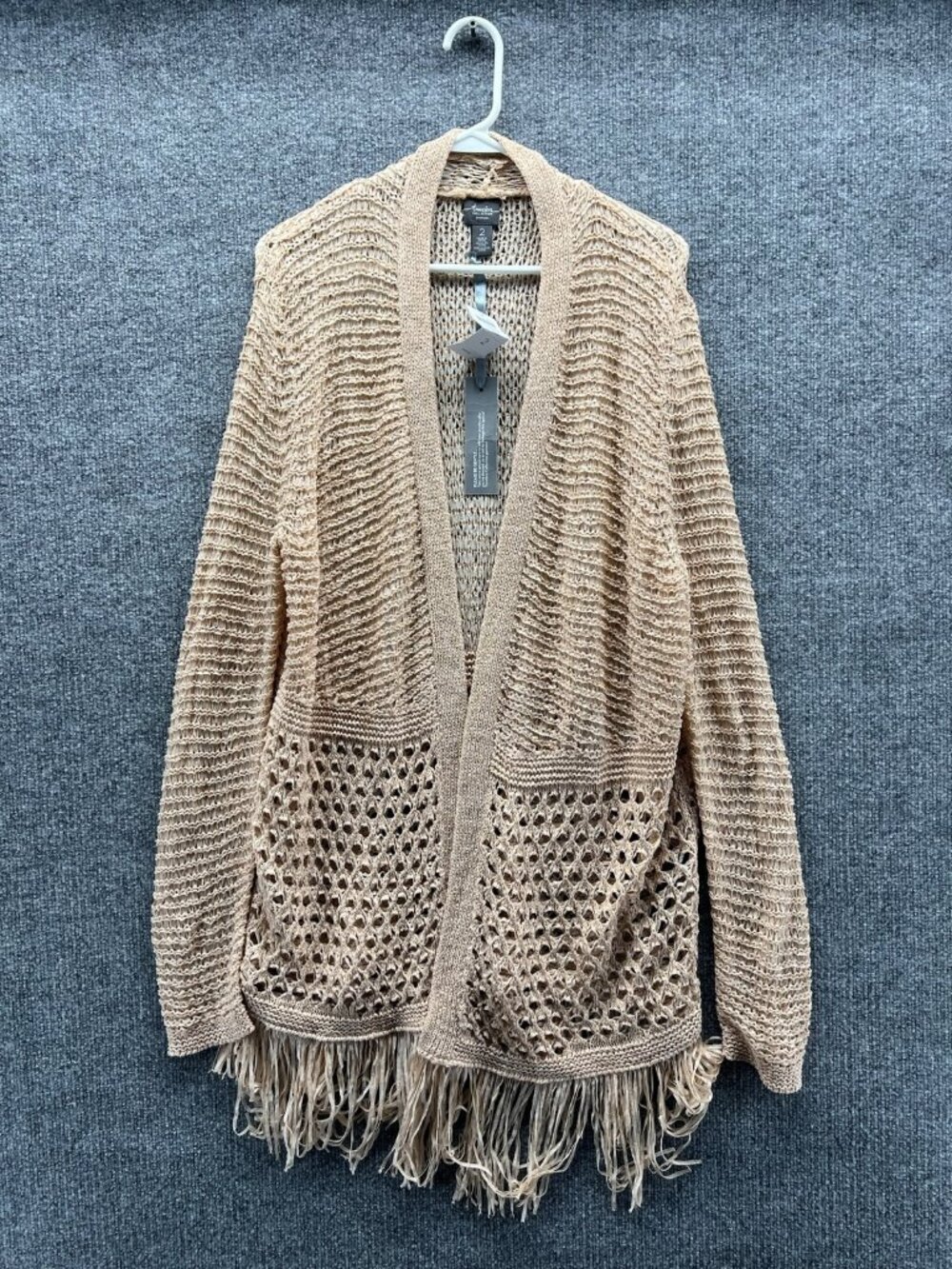 Chico's Travelers Cardigan Sweater Womens 2 Pink V Neck Open Knit Fringe Hem